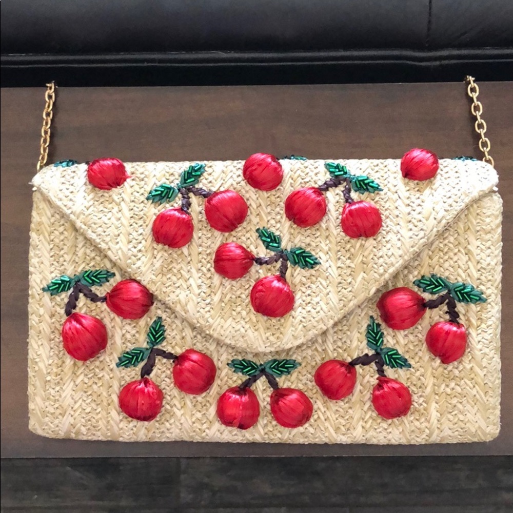 Adorable cherry straw clutch with gold chain